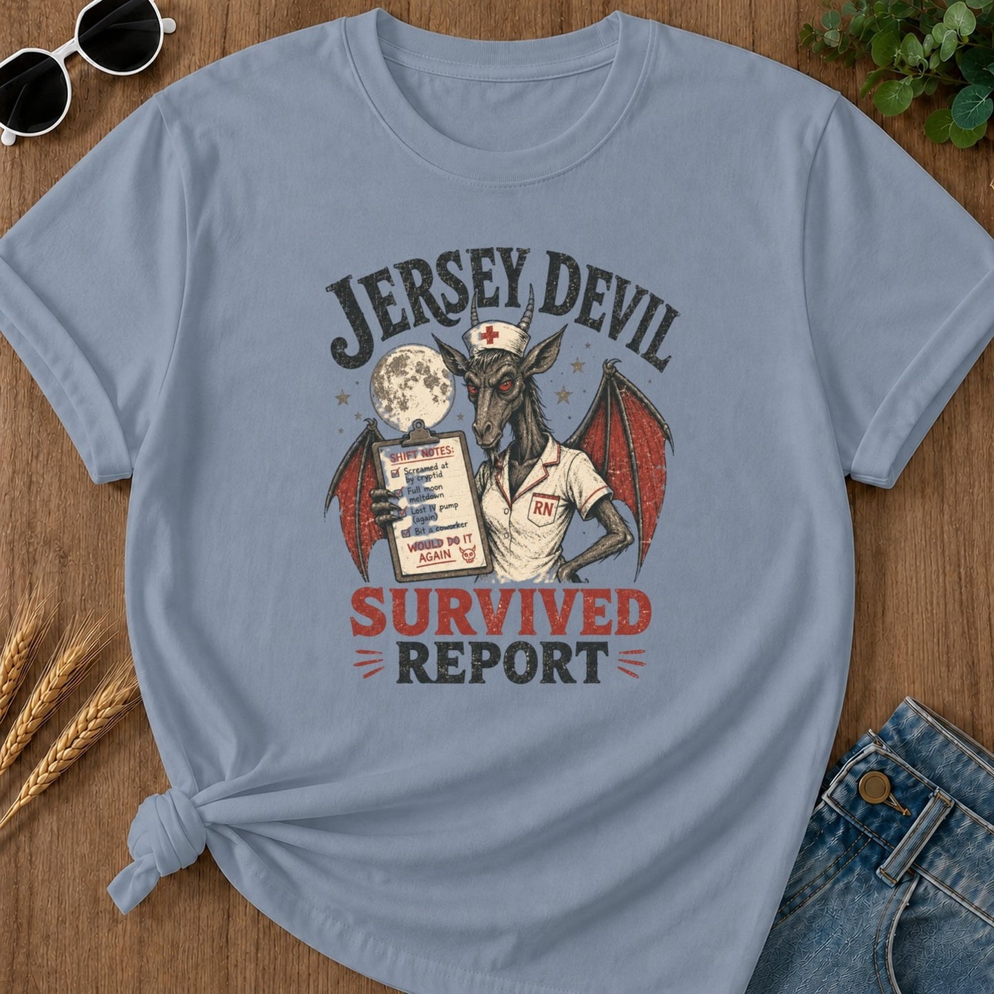 Survived Report T-shirt - Blue Jean Mockup