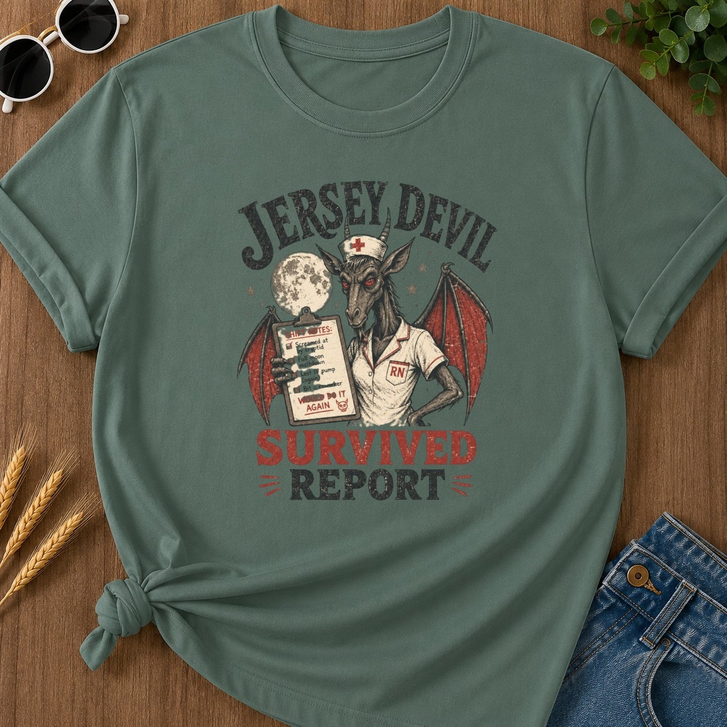 Survived Report T-shirt - Blue Spruce Mockup