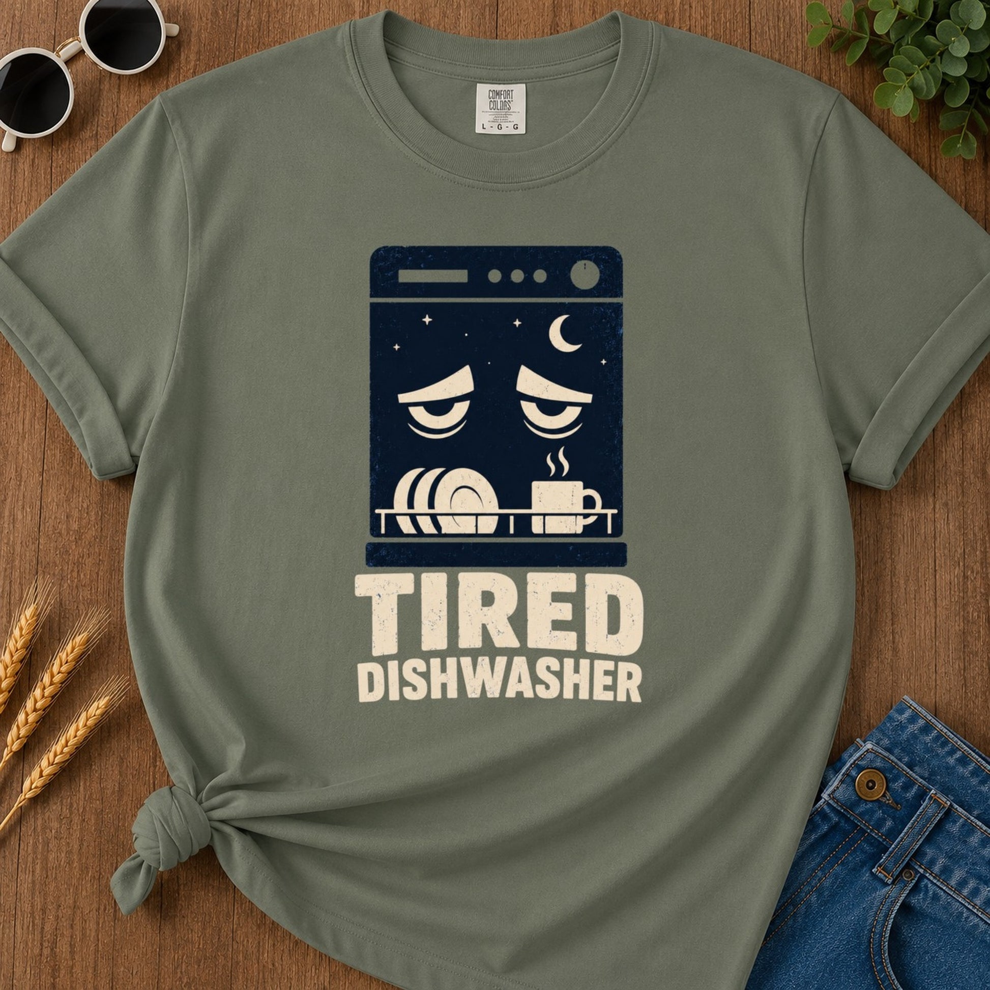 Tired Dishwasher T-shirt - Moss Mockup
