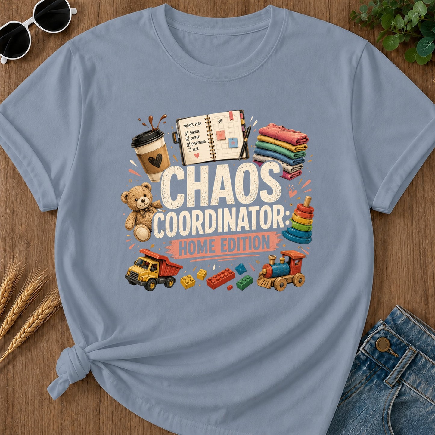 Todays Plan Survive Coffee Everything Else Home Edition T-Shirt - Blue Jean