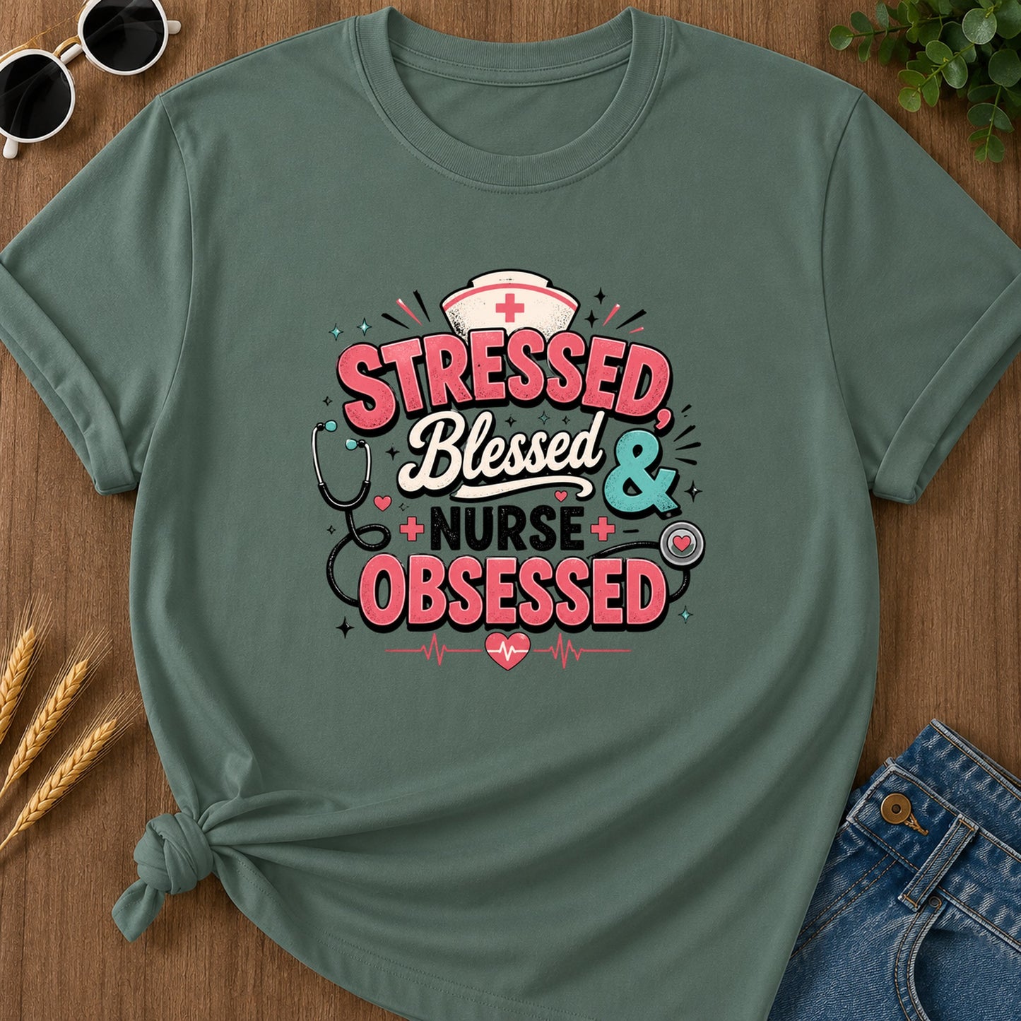 Tressed Blessed & Obsessed T-Shirt - Blue Spruce