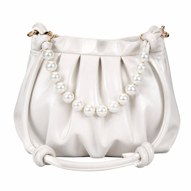 Pleated Pearl Chain Shoulder Bag — white background product image 6