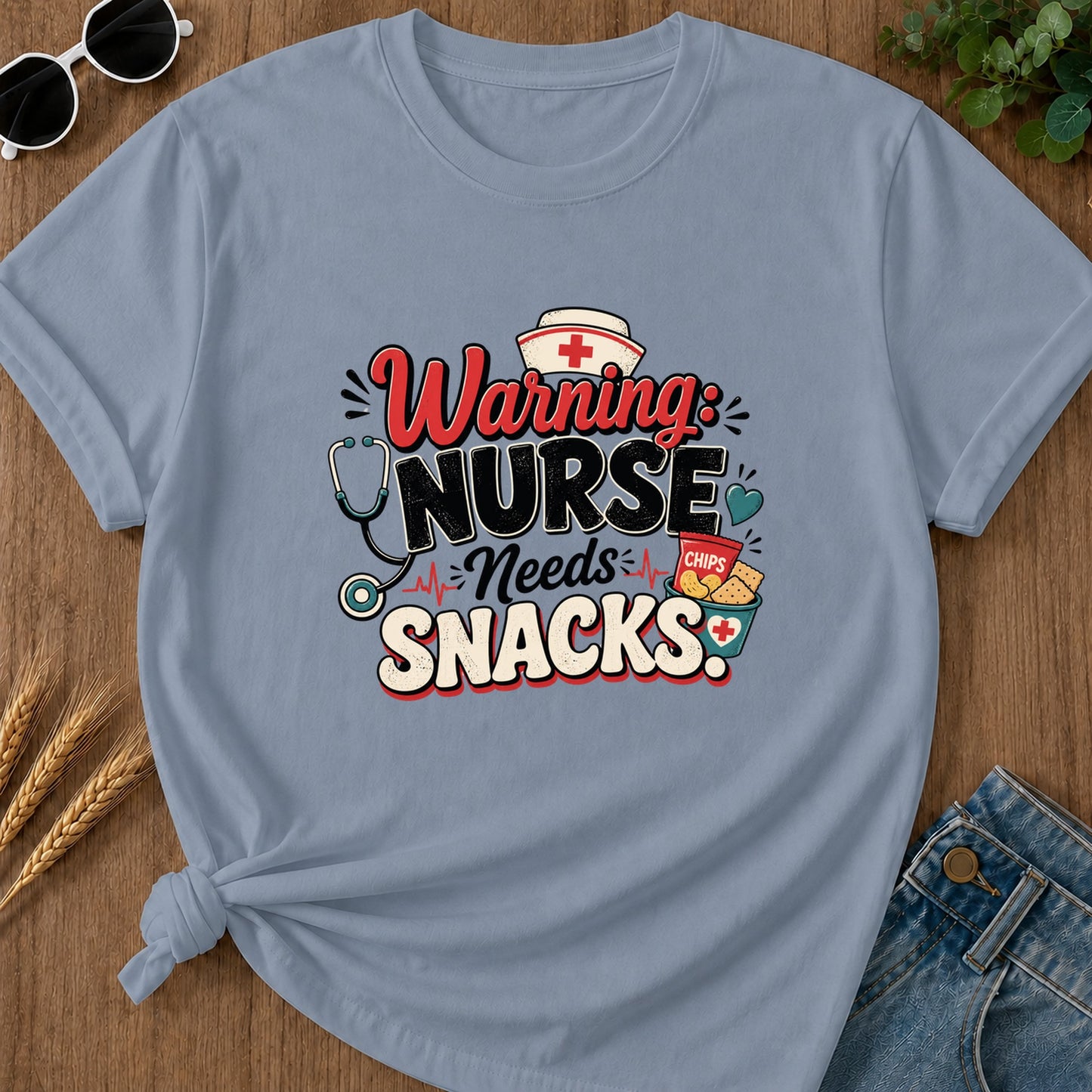 Warning Nurses Needs Snacks T-Shirt - Blue Jean