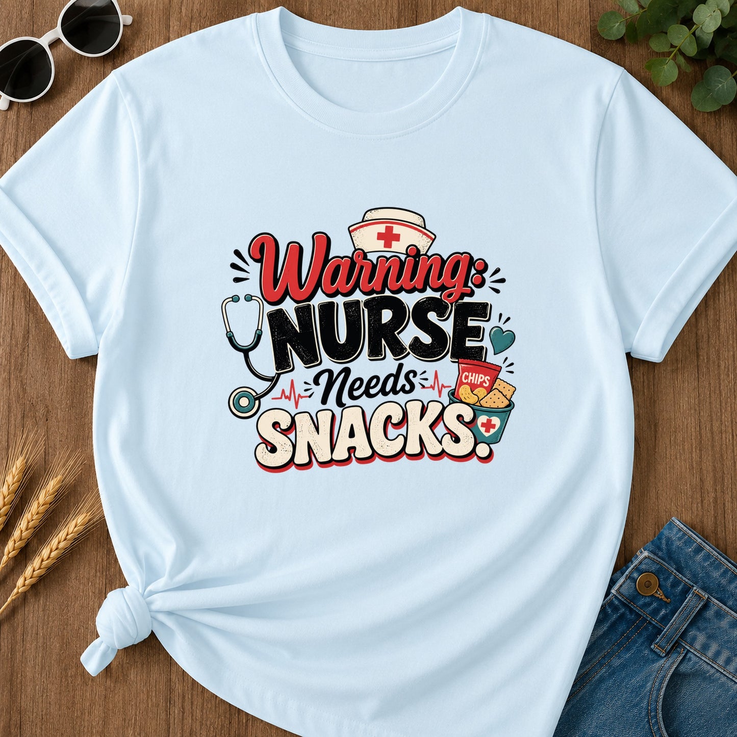 Warning Nurses Needs Snacks T-Shirt - Chambray